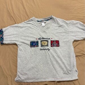 Gray V-Neck T-Shirt with Plaid Accents